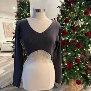 Zara Gray Crop Top with Pearl Fringe
